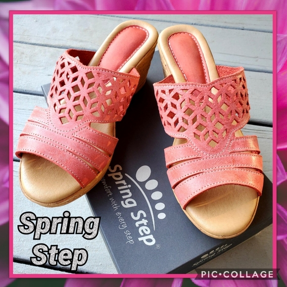 Spring Step Perforated Pink Leather Wedge Sandals - Picture 5 of 15
